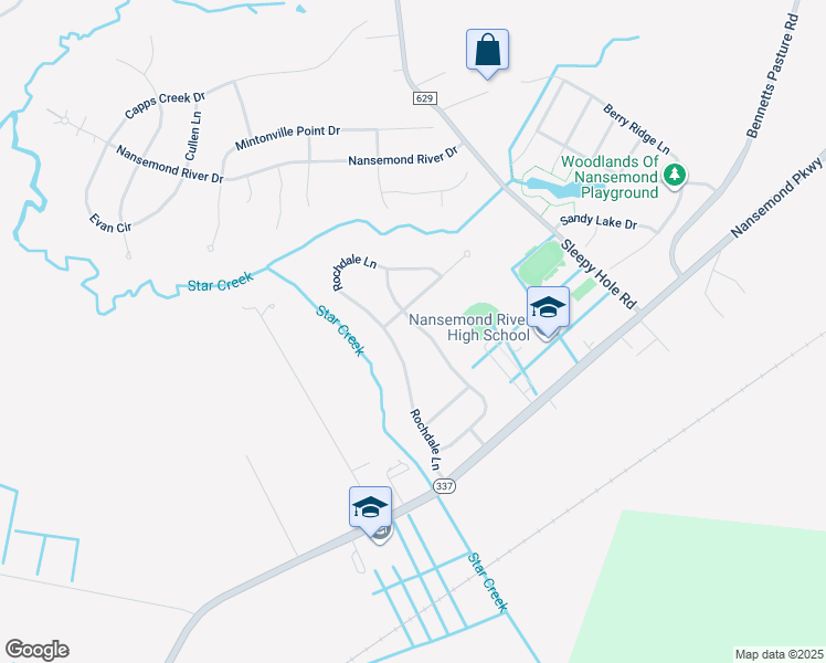 map of restaurants, bars, coffee shops, grocery stores, and more near 146 Kennet Drive in Suffolk