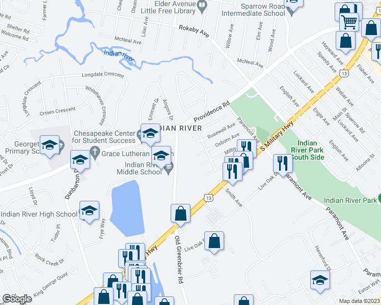map of restaurants, bars, coffee shops, grocery stores, and more near 2409 Old Greenbrier Road in Chesapeake