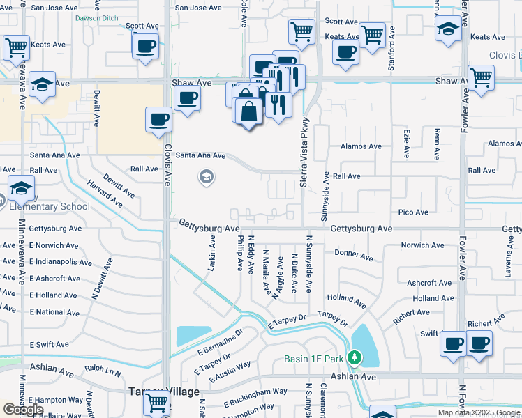 map of restaurants, bars, coffee shops, grocery stores, and more near 1220 Piazza Lane in Clovis