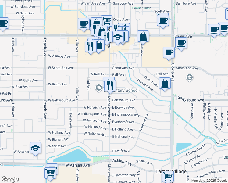 map of restaurants, bars, coffee shops, grocery stores, and more near 6 Rialto Avenue in Clovis