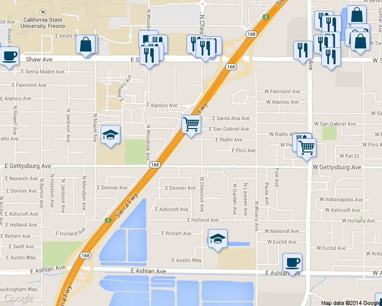 map of restaurants, bars, coffee shops, grocery stores, and more near 4780 East Rialto Avenue in Fresno