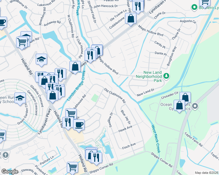 map of restaurants, bars, coffee shops, grocery stores, and more near 3228 Scarborough Way in Virginia Beach