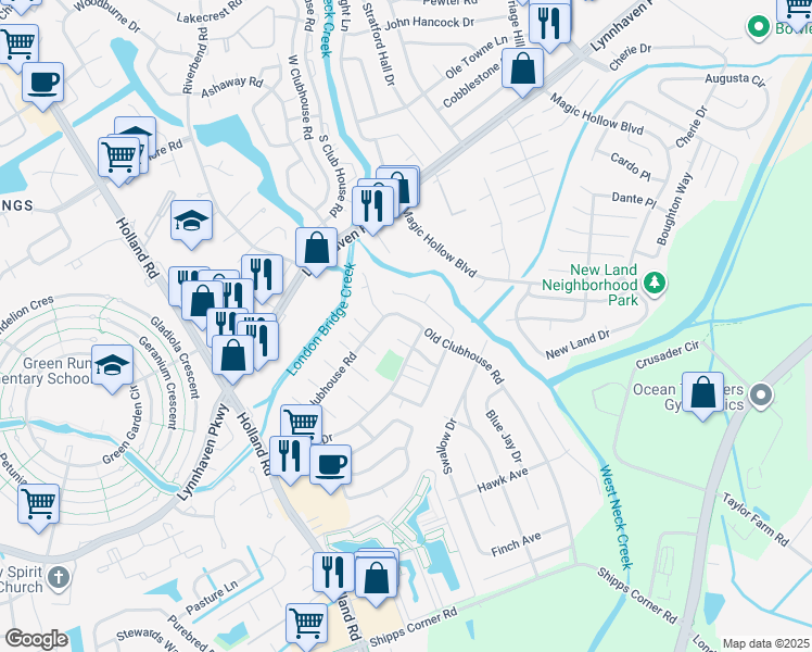 map of restaurants, bars, coffee shops, grocery stores, and more near 1163 Old Clubhouse Road in Virginia Beach