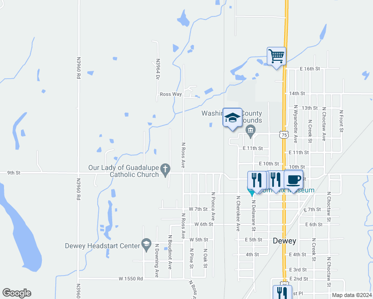 map of restaurants, bars, coffee shops, grocery stores, and more near 921 North Ross Avenue in Dewey