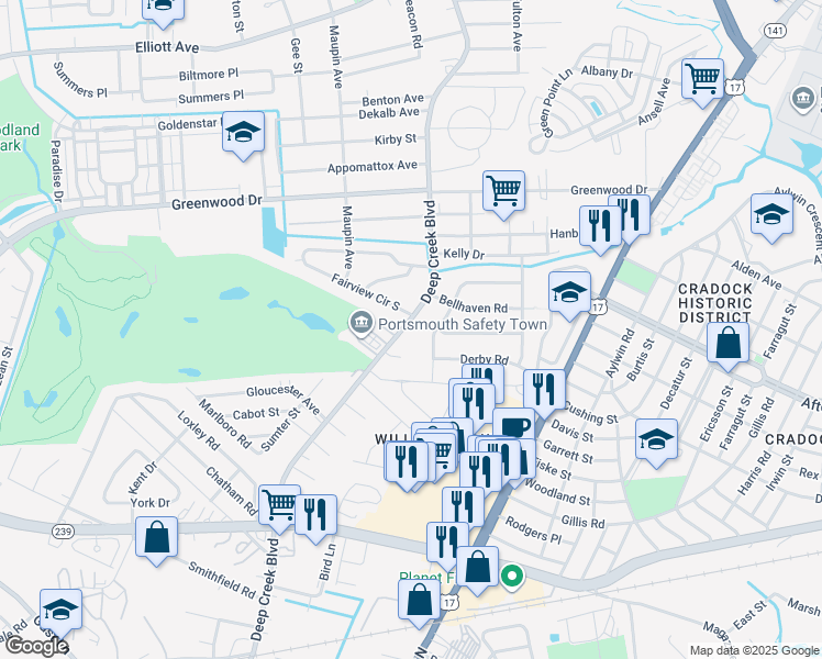 map of restaurants, bars, coffee shops, grocery stores, and more near 4409 Deep Creek Boulevard in Portsmouth