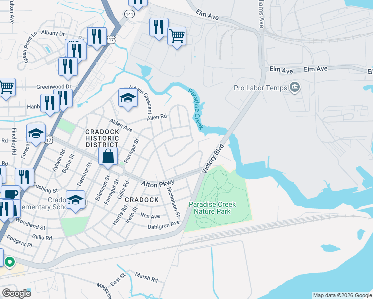 map of restaurants, bars, coffee shops, grocery stores, and more near 19 Cooper Drive in Portsmouth