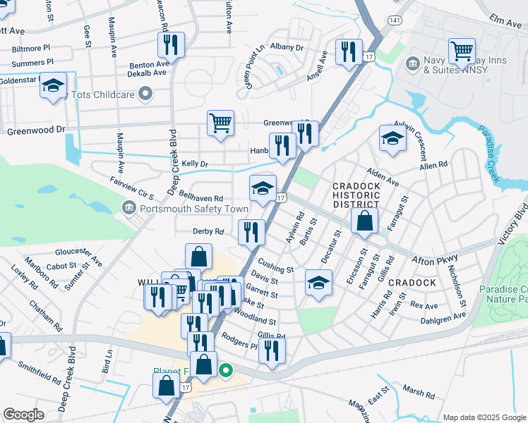 map of restaurants, bars, coffee shops, grocery stores, and more near 4300 George Washington Highway in Portsmouth