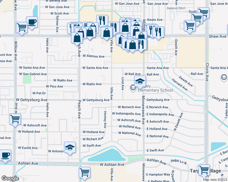 map of restaurants, bars, coffee shops, grocery stores, and more near 2643 Villa Avenue in Clovis