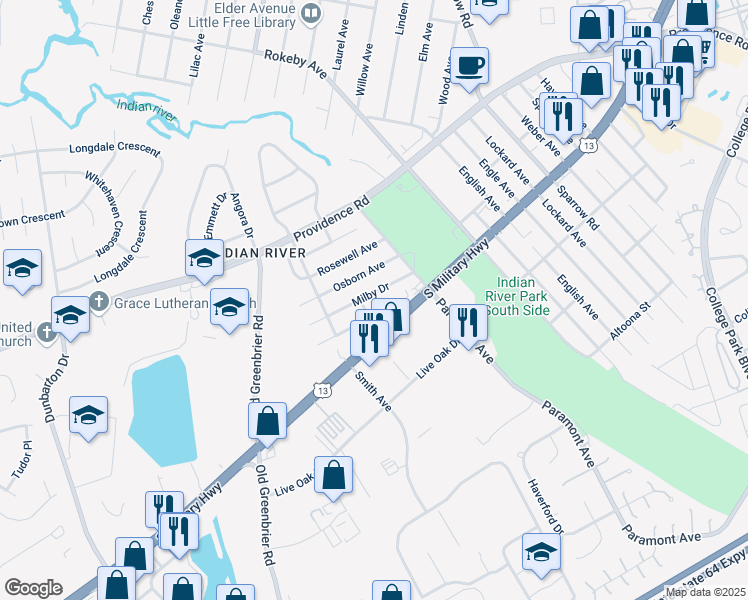 map of restaurants, bars, coffee shops, grocery stores, and more near 732 Milby Drive in Chesapeake