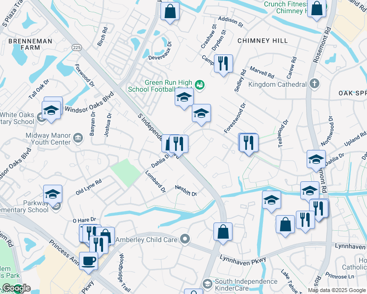 map of restaurants, bars, coffee shops, grocery stores, and more near 4486 Cherrywood Lane in Virginia Beach