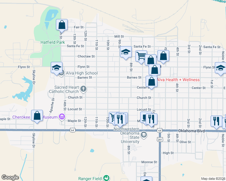 map of restaurants, bars, coffee shops, grocery stores, and more near 925 Center Street in Alva