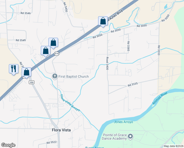 map of restaurants, bars, coffee shops, grocery stores, and more near 30 Road 3403 in Aztec