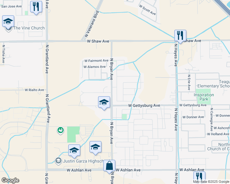 map of restaurants, bars, coffee shops, grocery stores, and more near 4607 West Ashcroft Avenue in Fresno