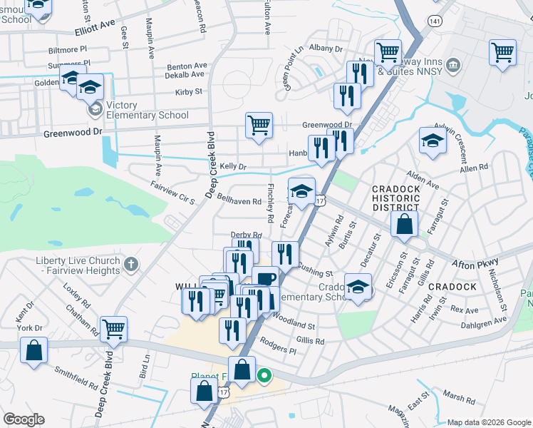 map of restaurants, bars, coffee shops, grocery stores, and more near 217 Bellhaven Road in Portsmouth