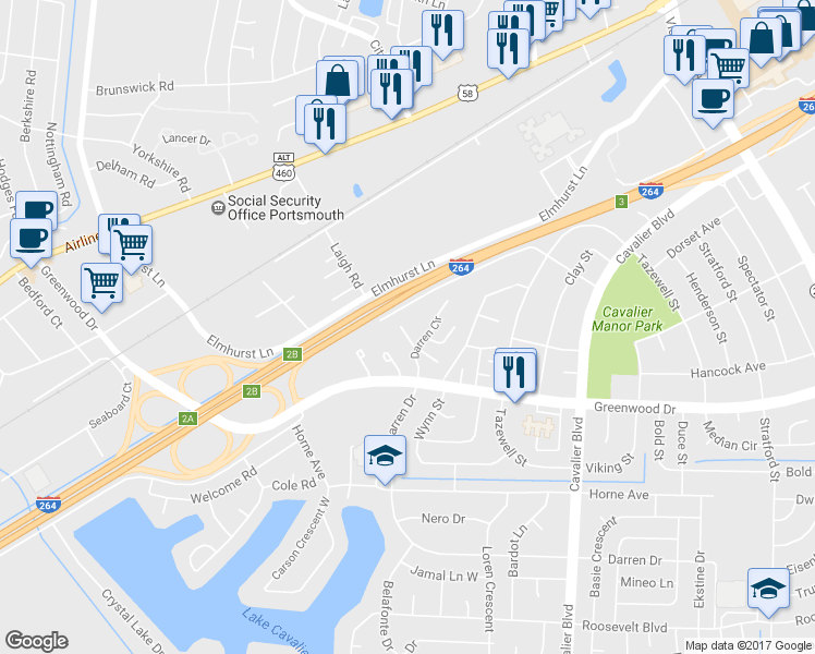 map of restaurants, bars, coffee shops, grocery stores, and more near 1566 Darren Circle in Portsmouth