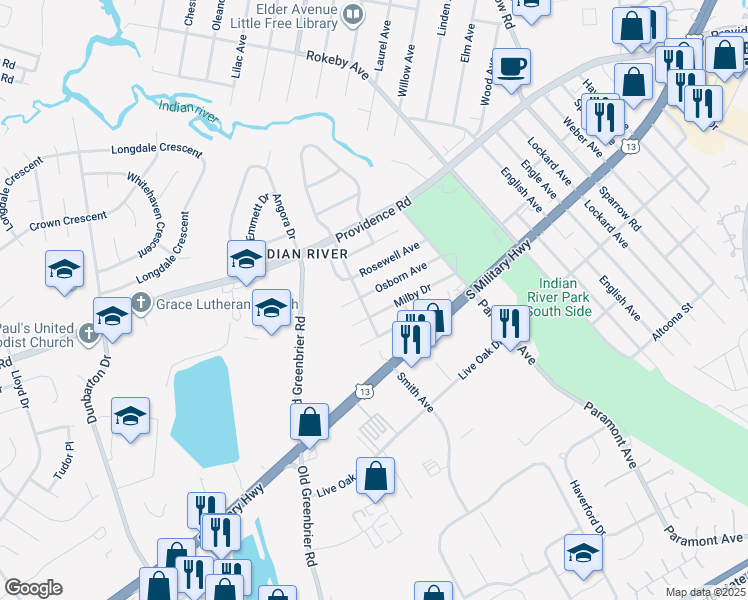 map of restaurants, bars, coffee shops, grocery stores, and more near 703 Osborn Avenue in Chesapeake
