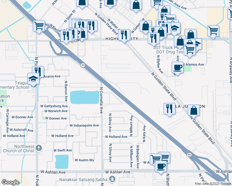 map of restaurants, bars, coffee shops, grocery stores, and more near 4488 North Cornelia Avenue in Fresno