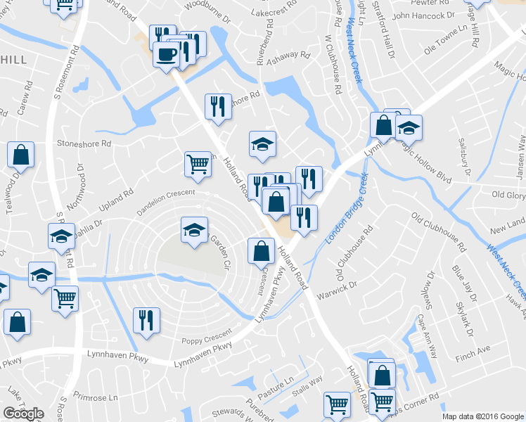 map of restaurants, bars, coffee shops, grocery stores, and more near 3324 Holland Road in Virginia Beach