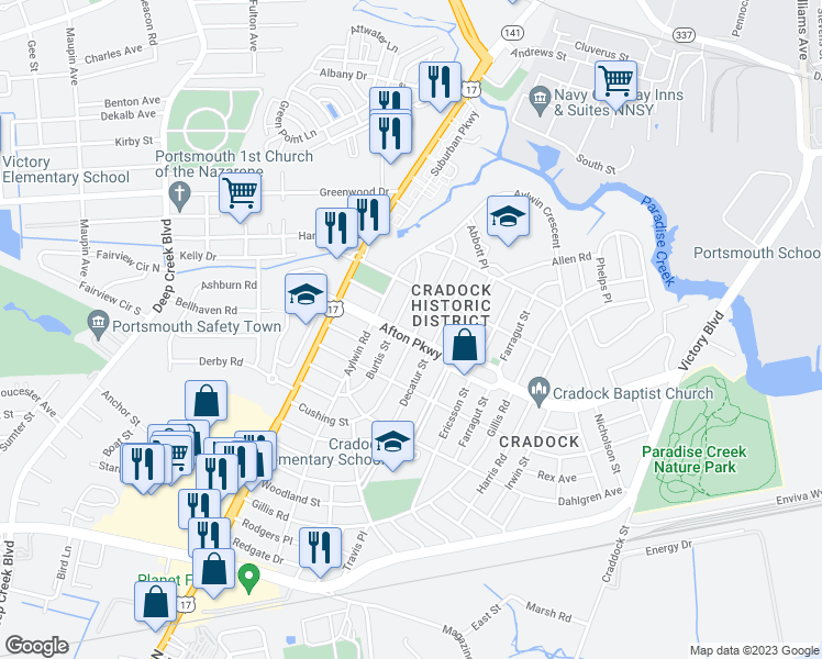 map of restaurants, bars, coffee shops, grocery stores, and more near 25 Afton Parkway in Portsmouth