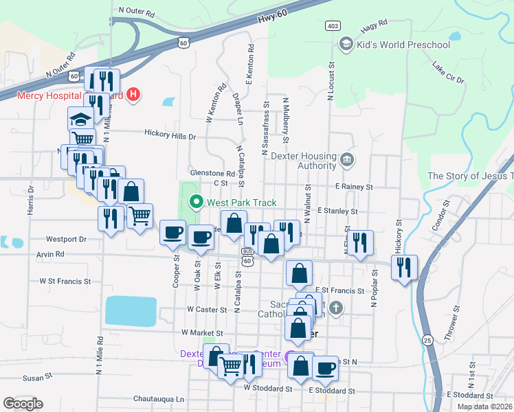 map of restaurants, bars, coffee shops, grocery stores, and more near 210 West Stanley Street in Dexter