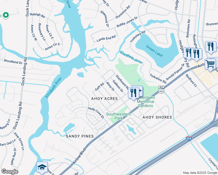 map of restaurants, bars, coffee shops, grocery stores, and more near 3933 Ahoy Drive in Chesapeake