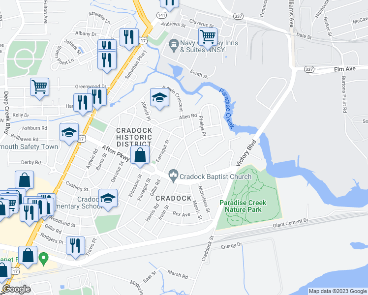 map of restaurants, bars, coffee shops, grocery stores, and more near 65 Nicholson Street in Portsmouth