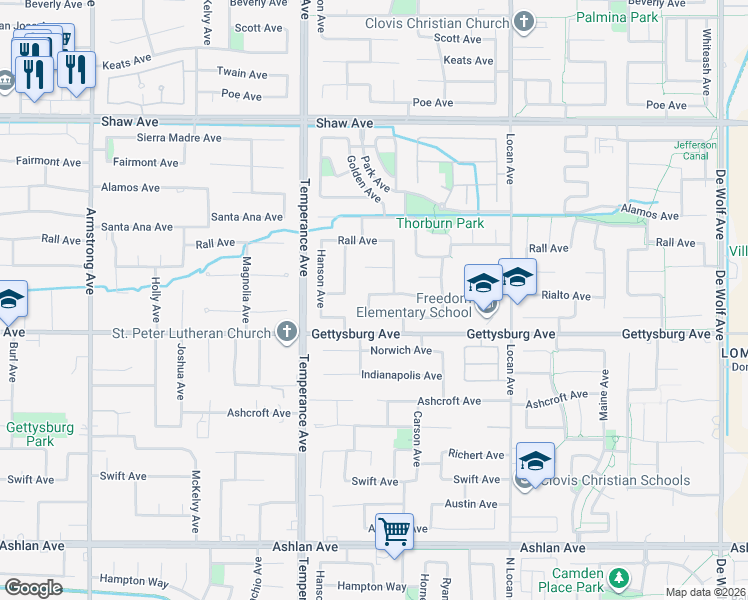 map of restaurants, bars, coffee shops, grocery stores, and more near 2734 Rialto Avenue in Clovis