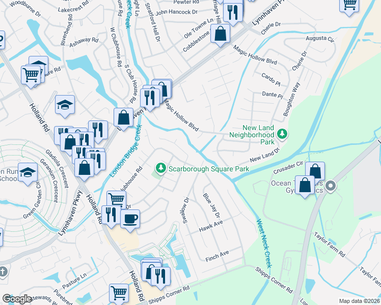 map of restaurants, bars, coffee shops, grocery stores, and more near 3228 Scarborough Way in Virginia Beach