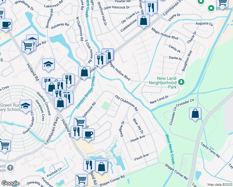 map of restaurants, bars, coffee shops, grocery stores, and more near 1163 Old Clubhouse Road in Virginia Beach