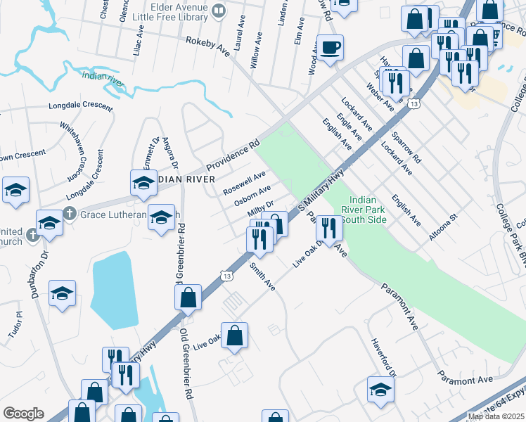 map of restaurants, bars, coffee shops, grocery stores, and more near 732 Milby Drive in Chesapeake