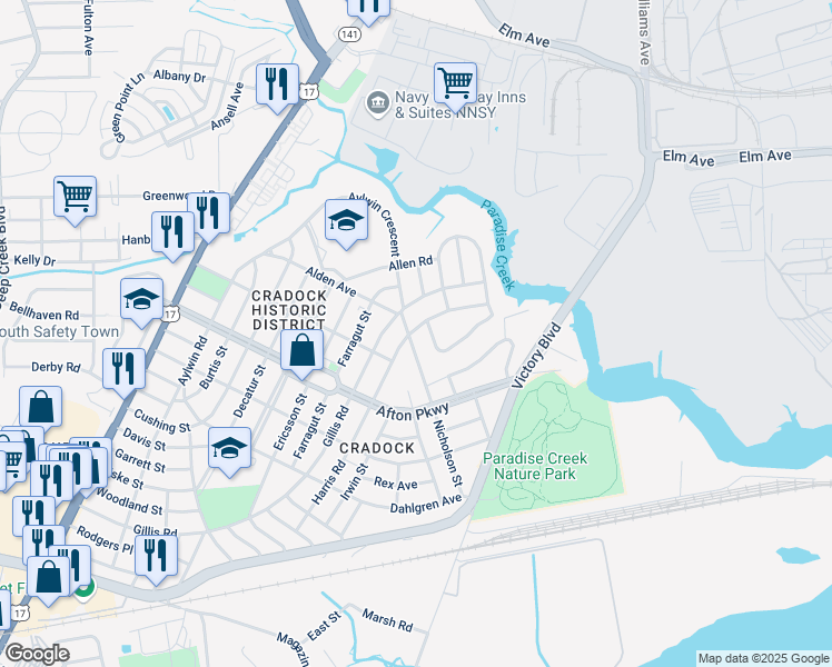 map of restaurants, bars, coffee shops, grocery stores, and more near 24 Harris Road in Portsmouth