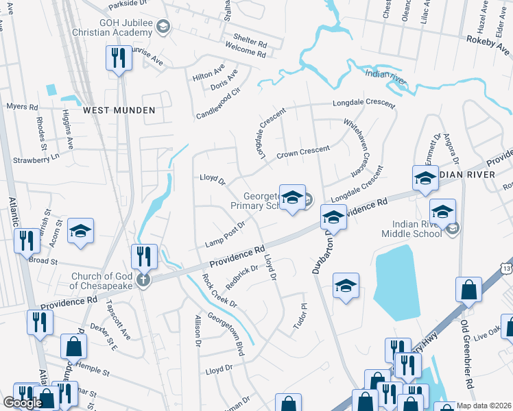 map of restaurants, bars, coffee shops, grocery stores, and more near 404 Lamp Post Drive in Chesapeake
