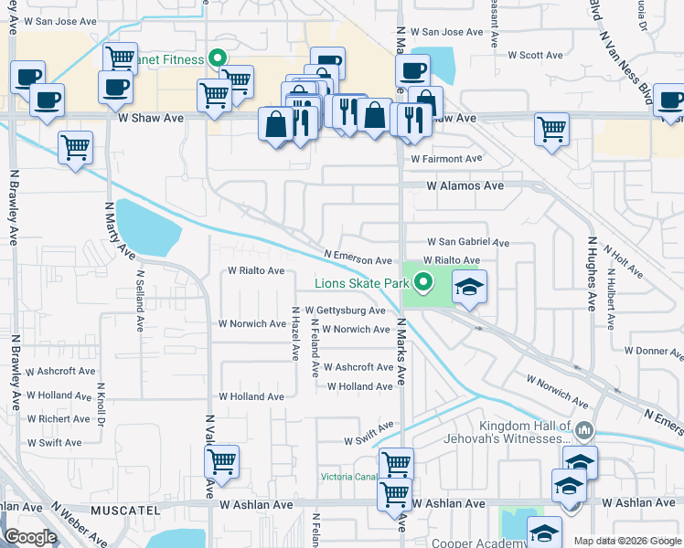 map of restaurants, bars, coffee shops, grocery stores, and more near 4466 North Benedict Avenue in Fresno