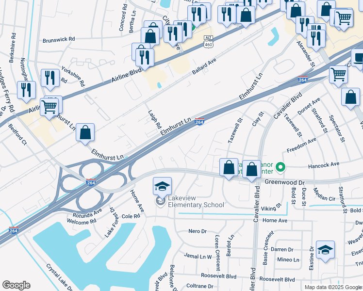 map of restaurants, bars, coffee shops, grocery stores, and more near 1564 Darren Circle in Portsmouth