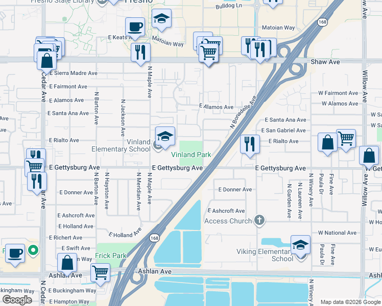 map of restaurants, bars, coffee shops, grocery stores, and more near 4695 East Gettysburg Avenue in Fresno