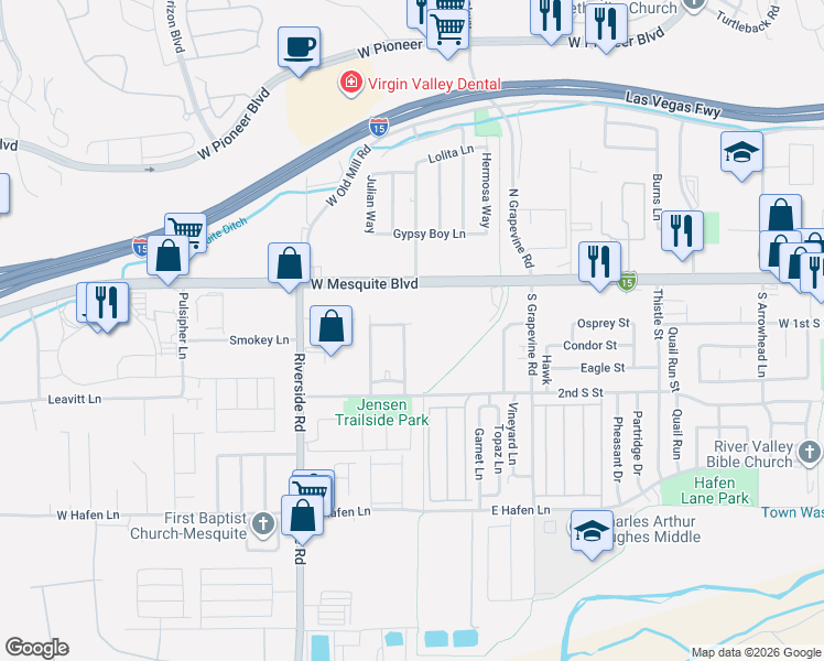 map of restaurants, bars, coffee shops, grocery stores, and more near 94 Shade Tree Ln in Mesquite