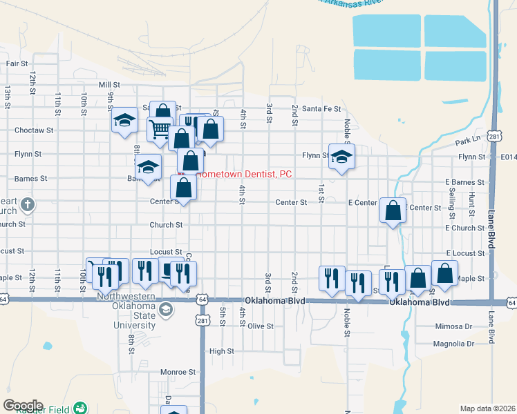 map of restaurants, bars, coffee shops, grocery stores, and more near 309 Center Street in Alva