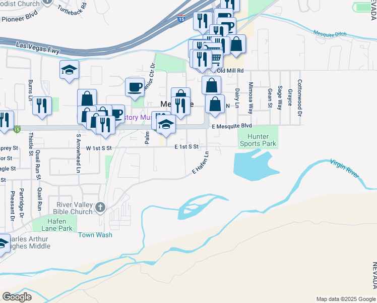 map of restaurants, bars, coffee shops, grocery stores, and more near 100 East 1st South Street in Mesquite