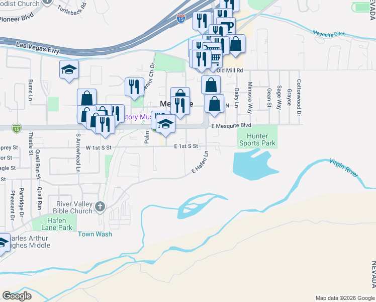 map of restaurants, bars, coffee shops, grocery stores, and more near 100 East 1st South Street in Mesquite
