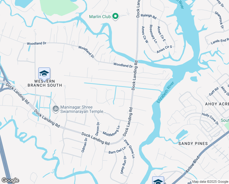 map of restaurants, bars, coffee shops, grocery stores, and more near 1741 Inez Lane in Chesapeake