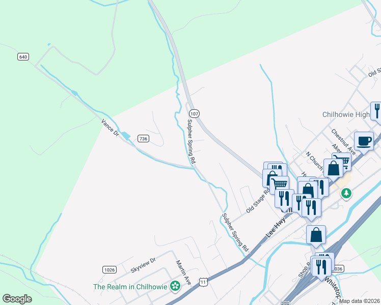 map of restaurants, bars, coffee shops, grocery stores, and more near 458 Sulpher Spring Road in Chilhowie