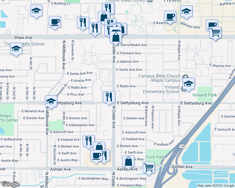 map of restaurants, bars, coffee shops, grocery stores, and more near 4672 North Cedar Avenue in Fresno