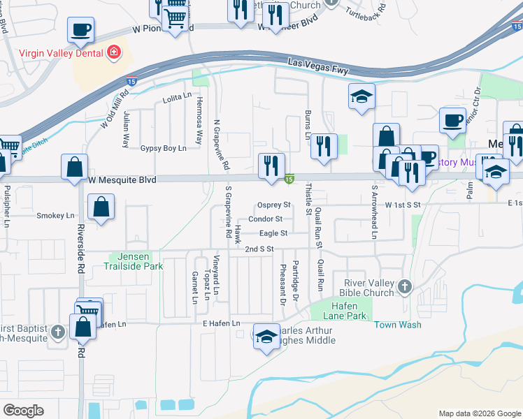 map of restaurants, bars, coffee shops, grocery stores, and more near 560 Osprey Street in Mesquite