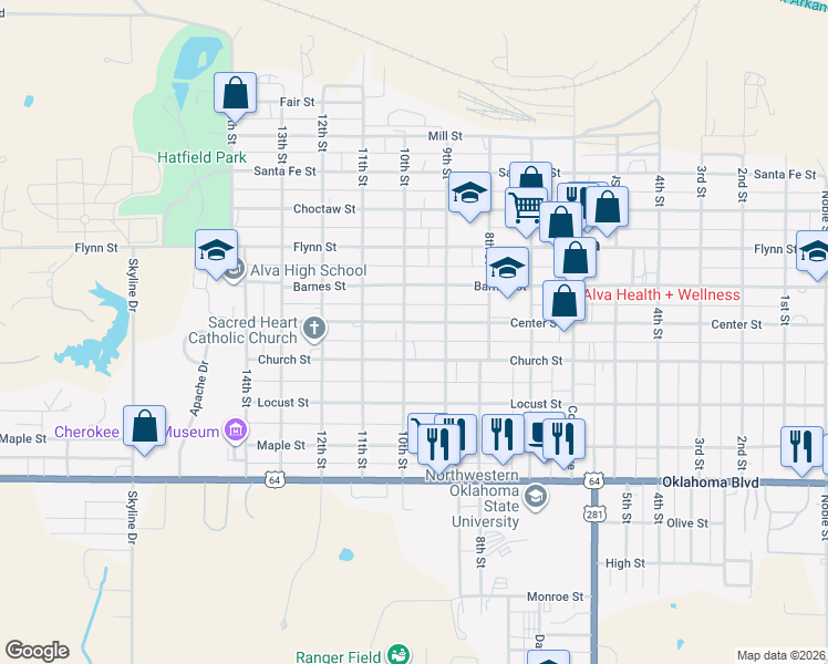 map of restaurants, bars, coffee shops, grocery stores, and more near 925 Center Street in Alva