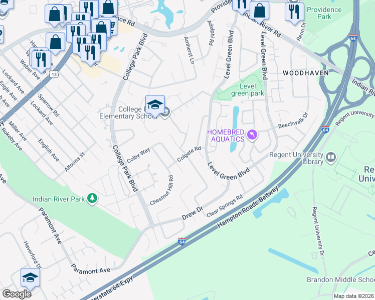 map of restaurants, bars, coffee shops, grocery stores, and more near 6066 Clear Springs Road in Virginia Beach