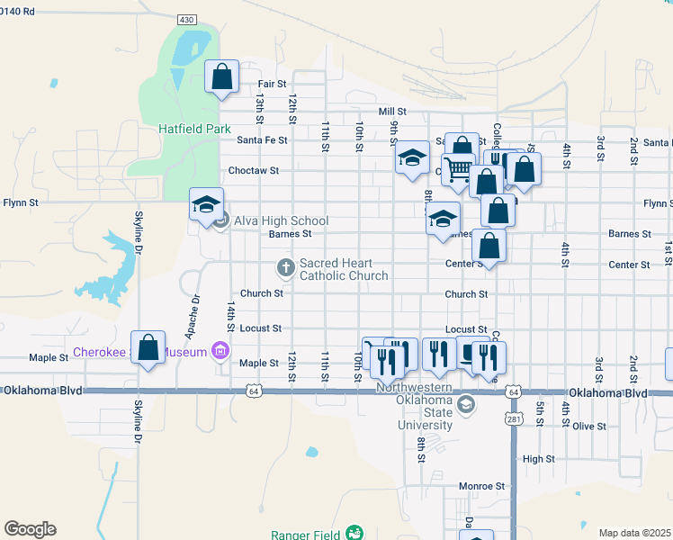 map of restaurants, bars, coffee shops, grocery stores, and more near 1023 Center Street in Alva