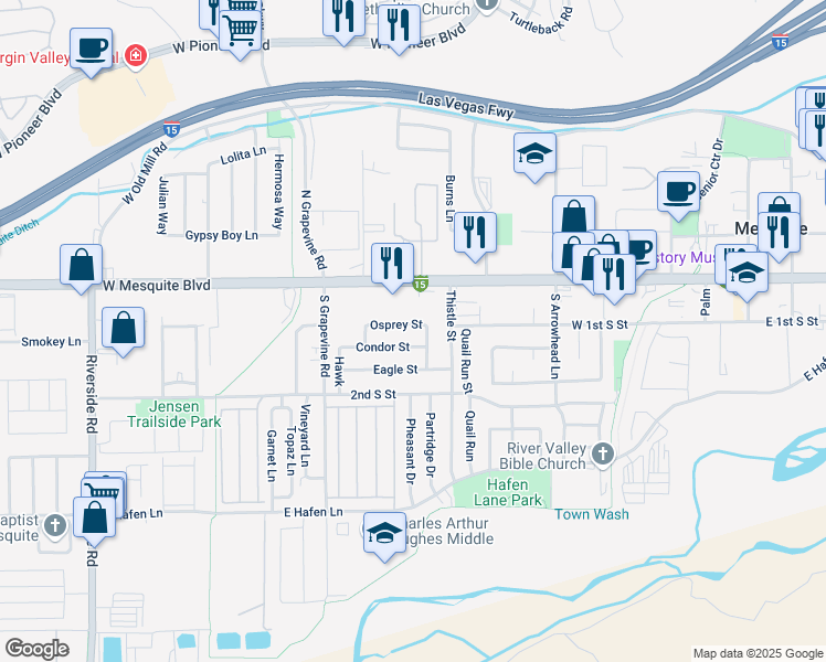 map of restaurants, bars, coffee shops, grocery stores, and more near 530 Osprey Street in Mesquite