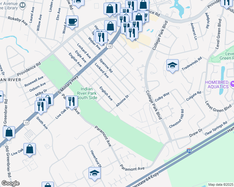 map of restaurants, bars, coffee shops, grocery stores, and more near 2120 Engle Avenue in Chesapeake