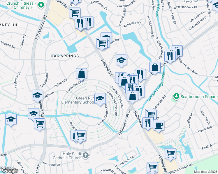 map of restaurants, bars, coffee shops, grocery stores, and more near 1124 Gladiola Crescent in Virginia Beach