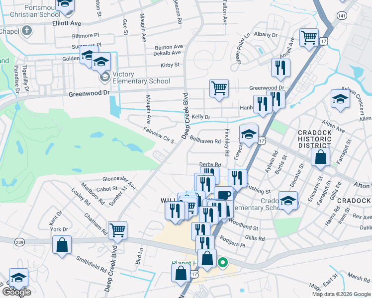 map of restaurants, bars, coffee shops, grocery stores, and more near 706 Endicotte Road in Portsmouth